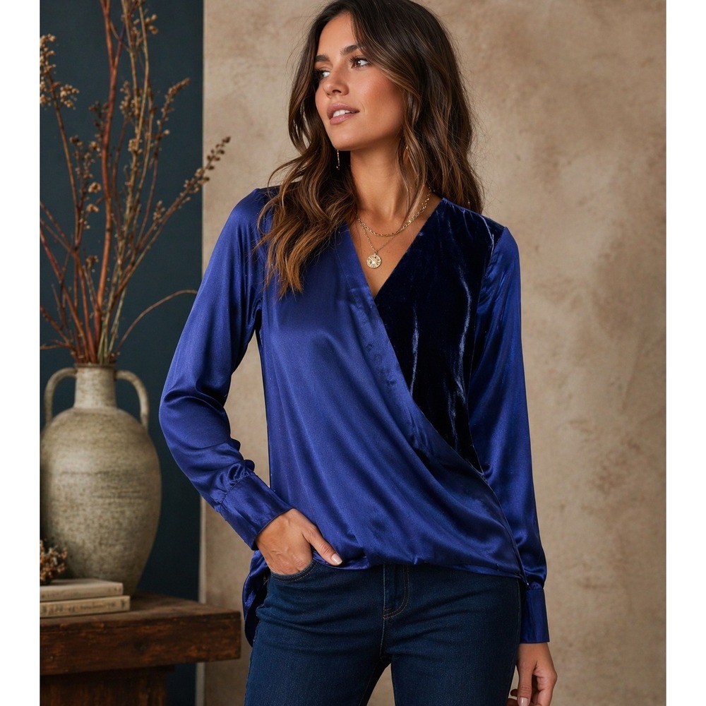 Sundance Blue Silk Velvet Surplice Faux Wrap Blouse Boho Luxe Small